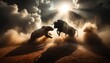 A fierce battle between a bear and bull erupts in the sand, under a cloudy sky, as other majestic mammals roam freely in the outdoor arena, while the sun sets over the ground, casting an elephant's s