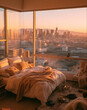 a white bed in a room overlooking skyscrapers and the city below, in the style of snapshot aesthetic, pink and amber, romantic academia, relatable personality, new york school, beige and amber