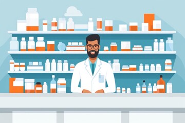 Wall Mural - Illustration of a male pharmacist at a pharmacy