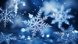Fototapeta  - Magical shiny frozen snowflakes and snowfall sky, blue background with beautiful festive light bokeh, winter and Christmas background.