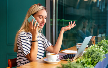 Wall Mural - Portrait og happy woman using mobile phone for work, study or social media. People technology