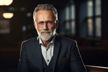 Wall Mural - Successful senior businessman in suit and glasses indoors looking at camera. Middle-aged man business portrait