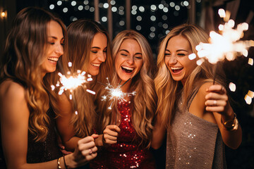 Wall Mural - A group of friends celebrating a night out with sparklers. New years eve celebration