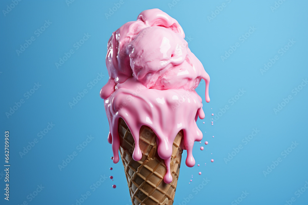 Pink ice cream cone in the process of melting against a serene blue ...