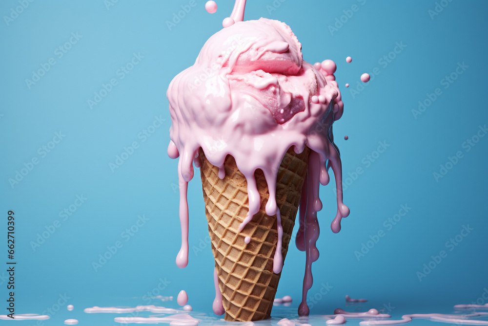 Pink ice cream cone in the process of melting against a serene blue ...