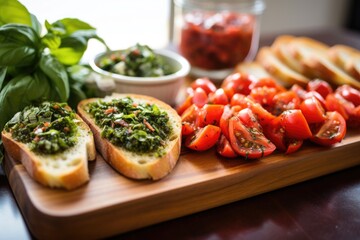 Wall Mural - fresh cut basil garnishing a bruschetta tray