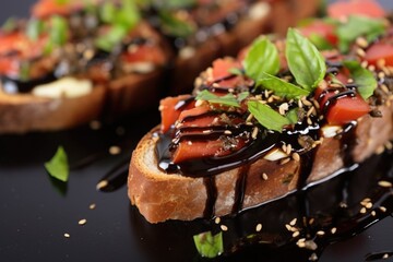 Wall Mural - balsamic reduction over tomato bruschetta close-up