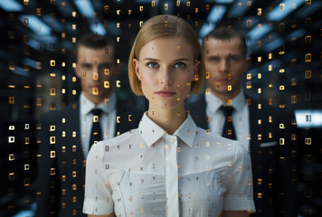 Poster - Portrait of young well dressed businesswoman with glowing details around her and her colleagues in the background