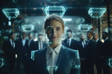 Poster - Futuristic portrait of businesswoman with blue neon glowing tech details