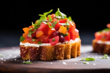 Canvas Print - side angle view of bruschetta topped with crumbed goat cheese