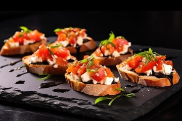 Poster - freshly baked bruschetta with goat cheese on black stone plate