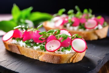 Poster - close-up of bruschetta topped with radish slices and herbs