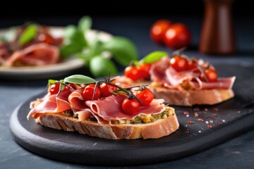 Canvas Print - serrano ham bruschetta with red cherry tomatoes on top