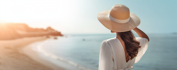 Wall Mural - A young girl in a white dress stands on the seashore in the rays of the sun, looking into the distance, He holds a straw hat with his hands