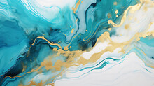 Abstract Marble Marbled Ink Painted Painting Texture Luxury Background Banner Illustration - Turquoise Blue Waves Swirls Gold Painted Splashes 3d Lines