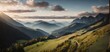 The sun-kissed mountains come alive in the summer as an aerial perspective captures a meandering dirt road connecting the vibrant, green slopes, an idyllic scene that beckons ai generated