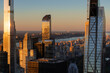 New York City aerial view of supertall skyscrapers of Billionaires' Row at sunset. Midtown Manhattan