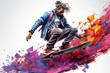 Skateboarder performing a gravity-defying trick in a skatepark with vibrant graffiti art, Generative AI 