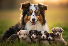 Aussie Dog Mum With Puppies Playing On A Green Meadow Land, Cute Dog Puppies