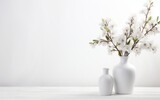 Fototapeta Kwiaty - White vase with spring flowers on white wooden table. Copy space