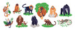 Cartoon monkeys characters. Different breeds primates. Tropical funny mammals. Chimpanzee or baboon. Anthropoids animals. Jungle dwellers. Gorilla and gibbon on branches. Garish vector set