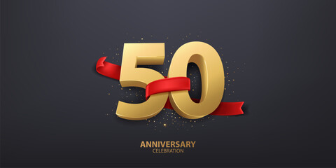 Wall Mural - 50th Year anniversary celebration background. 3D Golden number wrapped with red ribbon and confetti, isolated on dark background.