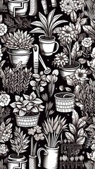 Seamless black pattern with food elements stock picture Ai generated art