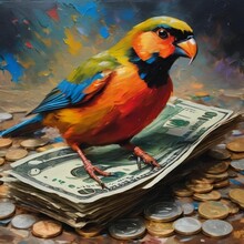 A Painting Of A Bird Perched On Top Of An Open Bank Note