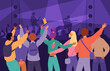 © VectorBum - Public at concert. Audience backs. Young people listen to music. Rock band performance. Fans crowd standing near stage. Musicians support. Nightclub entertainment. Garish vector set
