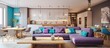 Family living space with open plan layout including wooden kitchen countertop purple radiator communal table with turquoise chairs and spacious beige couch in living room With copyspace for