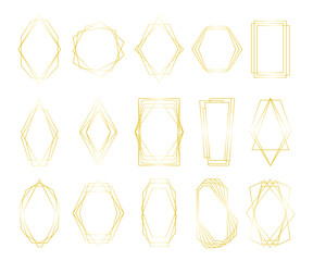 Poster - Golden geometric polygon. Decorative border hexagon and pentagon shapes, luxury minimal decorative elements for wedding invitation design. Vector set