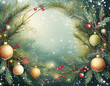 Rahmen aus weihnachtlichen Zweigen und Weihnachts- Kugeln und Schneegestöber. Overlay- Textur mit Kopierraum, für Text oder Foto. Hintergrund für Design, Web...