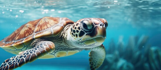 Wall Mural - Endangered turtle swims in beautiful water With copyspace for text