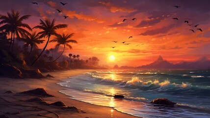 Wall Mural - Beautiful sunset painting beach birds flying painting wallpaper picture Ai generated art