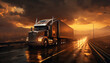 Truck delivering freight, speeding on multiple lane highway at dusk generated by AI