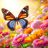 Fototapeta Kwiaty - beautiful colorful butterfly flying over a beautiful colorful garden - ai generated