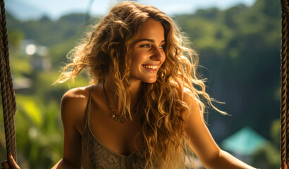 happy young woman enjoying nature on island swinging on swing, concept of calm happiness and freedom