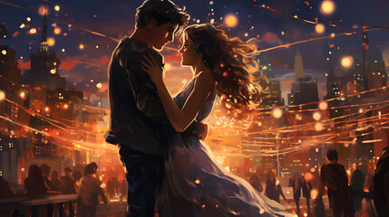 Craft an image of a young couple dancing under the stars at a rooftop party, surrounded by city lights and music, embodying the magic, romance, and vibrancy of urban nightlife