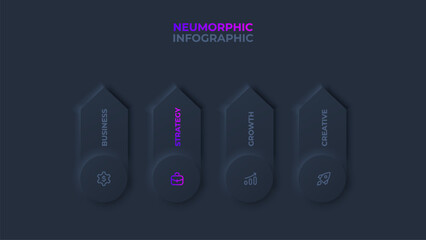 Poster - Vertical arrows elements with circles. Dark neumorphic infographic design template with 4 options or steps
