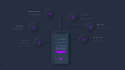 Aufkleber - Smartphone with mobile applications. Dark neumorphic infographic slide illustration