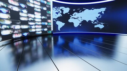 News TV Studio Set – Virtual Green Screen Background Loop motion footage, A green screen static image is included for easy editing.