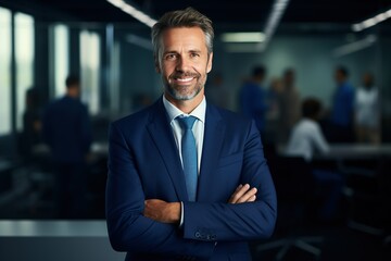 Wall Mural - Happy middle aged business man ceo standing in office arms crossed. Smiling mature confident professional executive manager