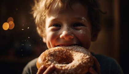 Poster - Cute Caucasian boy indulges in sweet donut, enjoying childhood outdoors generated by AI