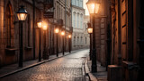 Fototapeta Uliczki - Medieval Italian city street illuminated by lanterns and street lights generated by AI