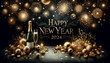 © Korea Saii - New Year Card for the year 2024 with a Beautiful Background Happy New Year is the center of attention The Ambiance is Emphasized by Golden Fireworks Wallpaper Digital Art