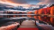 photo of a beautiful view of a wooden pier and lake in the middle of the forest in autumn made by AI generative