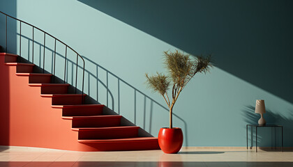 Canvas Print - Modern staircase, elegant decor, empty home interior, comfortable chair, bright sunlight generated by AI