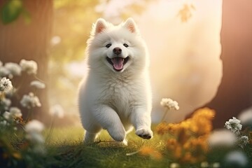 Wall Mural - portrait of a purebred dog samoyed smile happiness. Generative AI