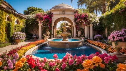 photo of a flower garden with various colors with a beautiful fountain pool, made by AI generative