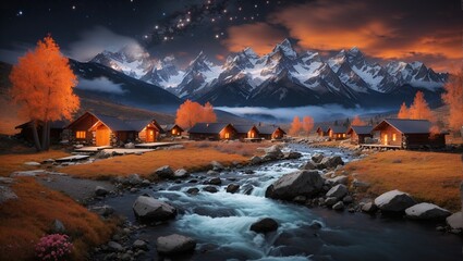 Wall Mural - photo of a view of a wooden house at night and autumn with a beautiful mountain background made by AI generative